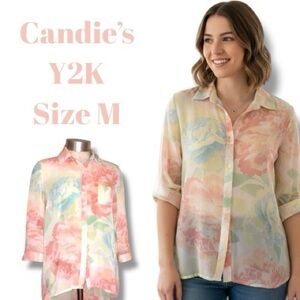 Candie’s Blouse Y2K Floral Print Button Up Sheer Chiffon Lacy Hawaiian Size M
